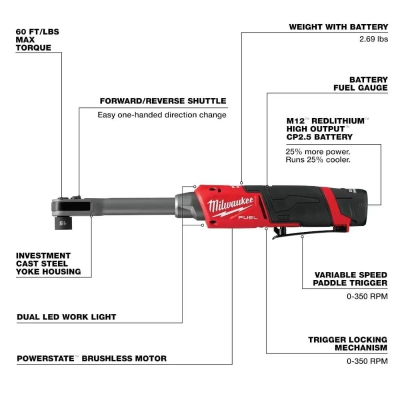 Milwaukee M12 FPTR/3050 M12 FUEL INSIDER 12V Lithium Extended Reach Box Ratchet  Power Tool