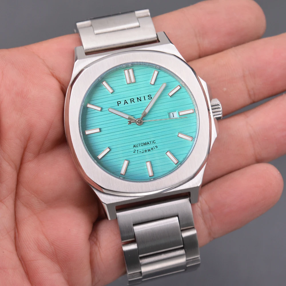 Fashion Parnis 42MM Blue Dial Mechanical Automatic Men's Watches Stainless Steel Strap Sapphire Glass Watch For Men reloj hombre