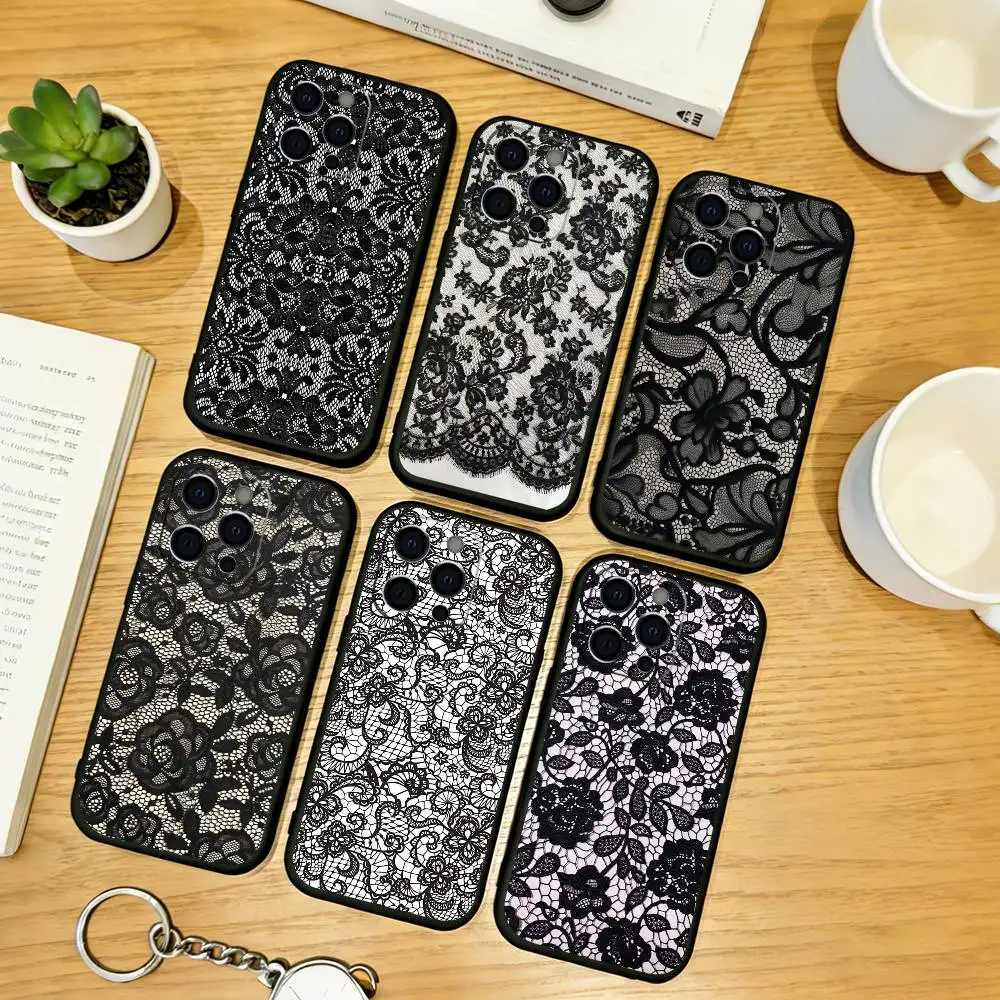 

Black lace print Phone Case For iPhone 17, 16,15,14,13,12,11 Plus,Pro Max, Others Soft Black Cover