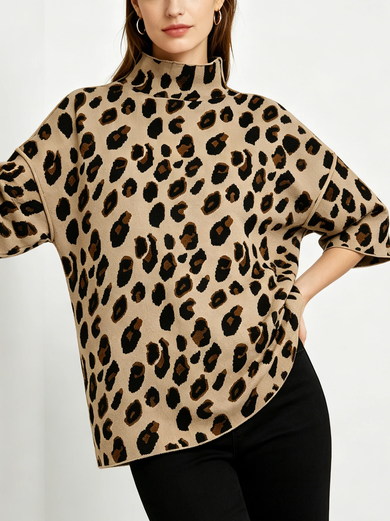 

New Early Autumn Leopard Print Sweater European And American Style Loose Half High Neck Seven Quarter Sleeve Knitted Pullover