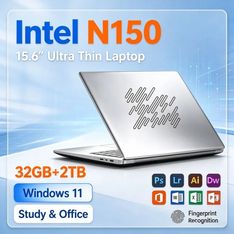 Ultra Thin 15.6 Inch Laptop Computer Intel N150 32GB RAM 1TB 2TB SSD FHD Screen Windows11 Notebook For Study Office Daily Gaming