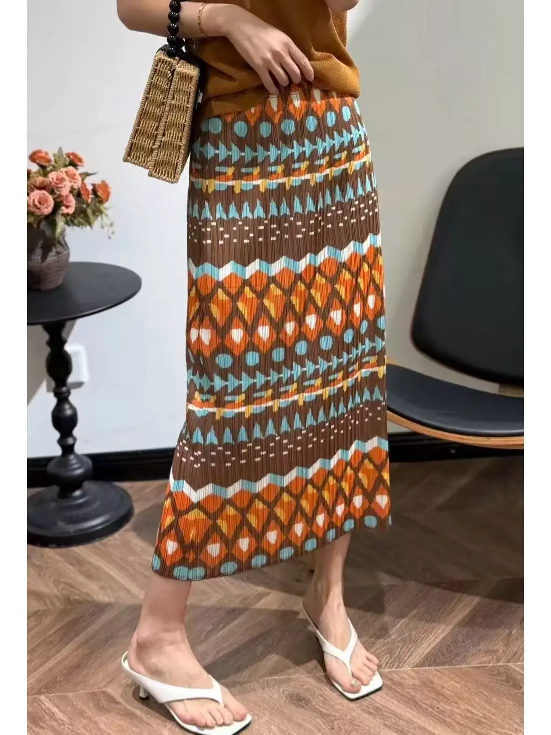 

Women's Elastic Half Skirt Summer 2026 Print Loose Fit Straight Cut Texture Pleated Unique Style Atmosphere Design
