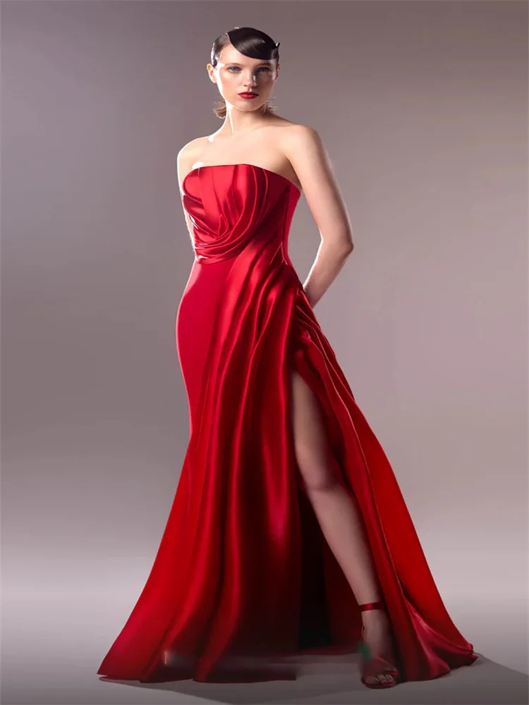 

New Arrival Strapless Neckline Satin Evening Dress Elegant Open Back Zipper Floor Length High Slit Sweep Train Gown For Women