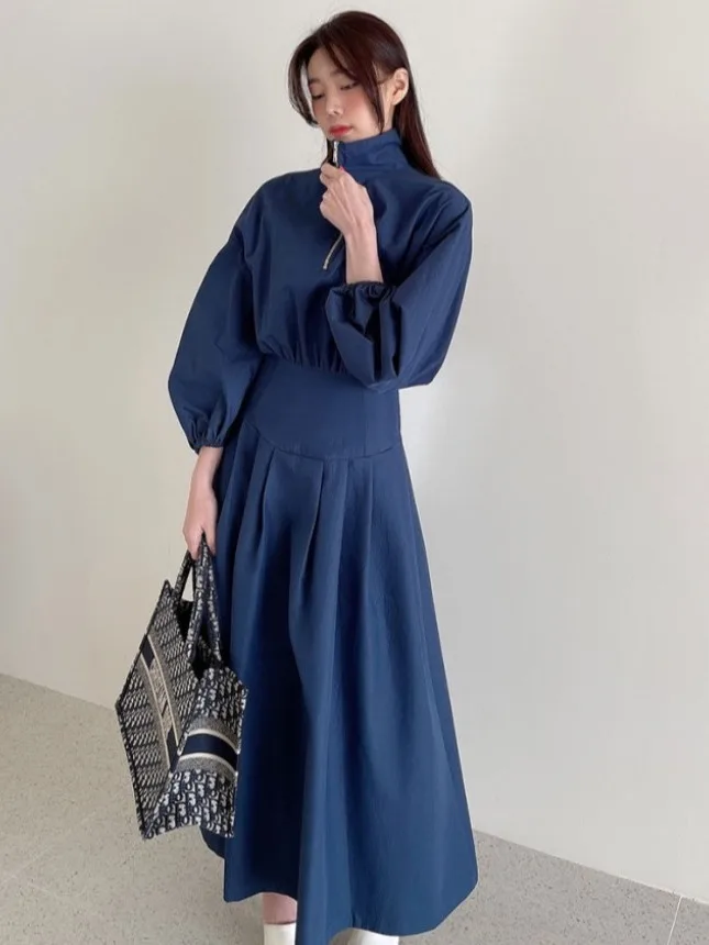 

Ele Chic Long Dr Women's Zipper Design Stand Collar Gathered Waist Bubble Sve Dr Commute Sle Pure Color Summer