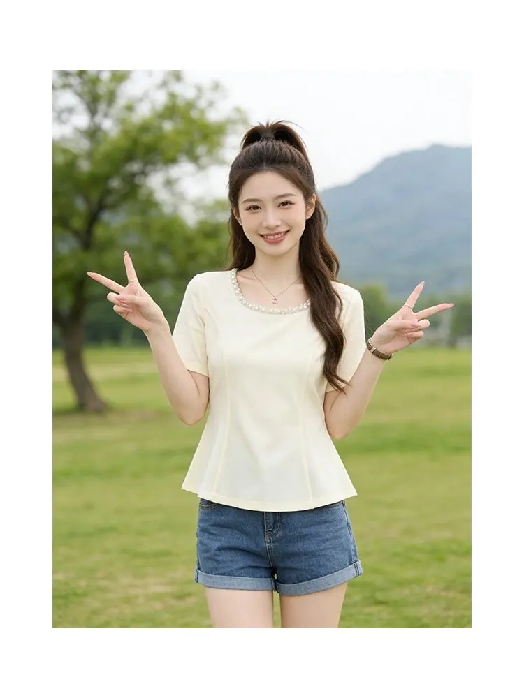 

Summer Short Sleeve T-Shirt Women's plus Size Korean Style Casual Loose Fit round Neck Top Beautiful Plump Micro Trendy