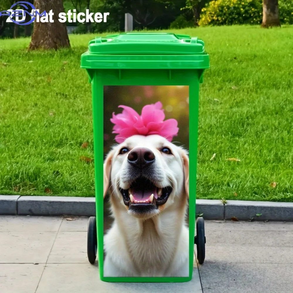 1pc 2D Flat Sticker, Cute Golden Retriever Trash Can Decal with Pink Florals and Smiling Face in Sunlight - Waterproof PVC Sel