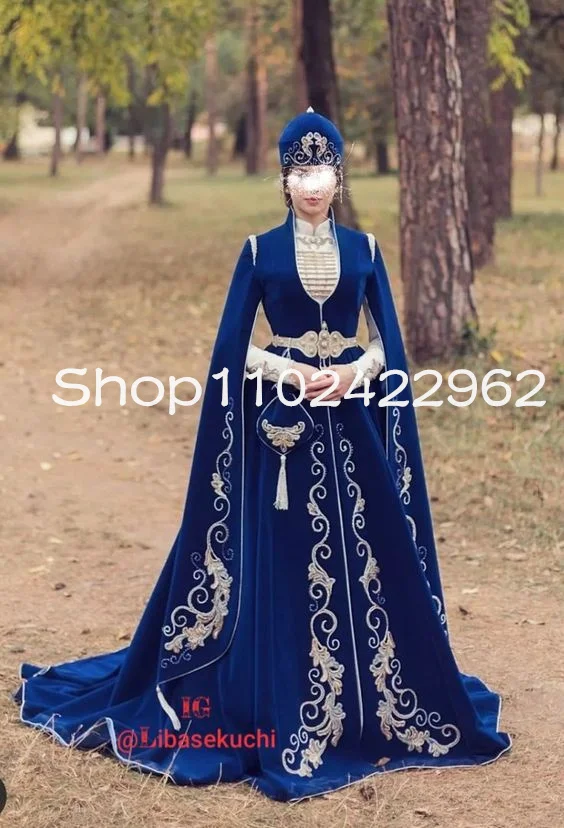 Traditional Afghan Royal Blue Prom Dresses Velvet Embroidery Long Cape Sleeve Algerian Caucasian Evening Occasion Gown