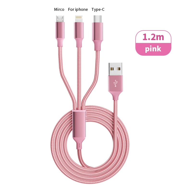 Cavo USB 3 In 1 rosa a ricarica rapida tipo C Usb Micro per Iphone Samsung Huawei Xiaomi Multi Port linea di cavi di ricarica multipla