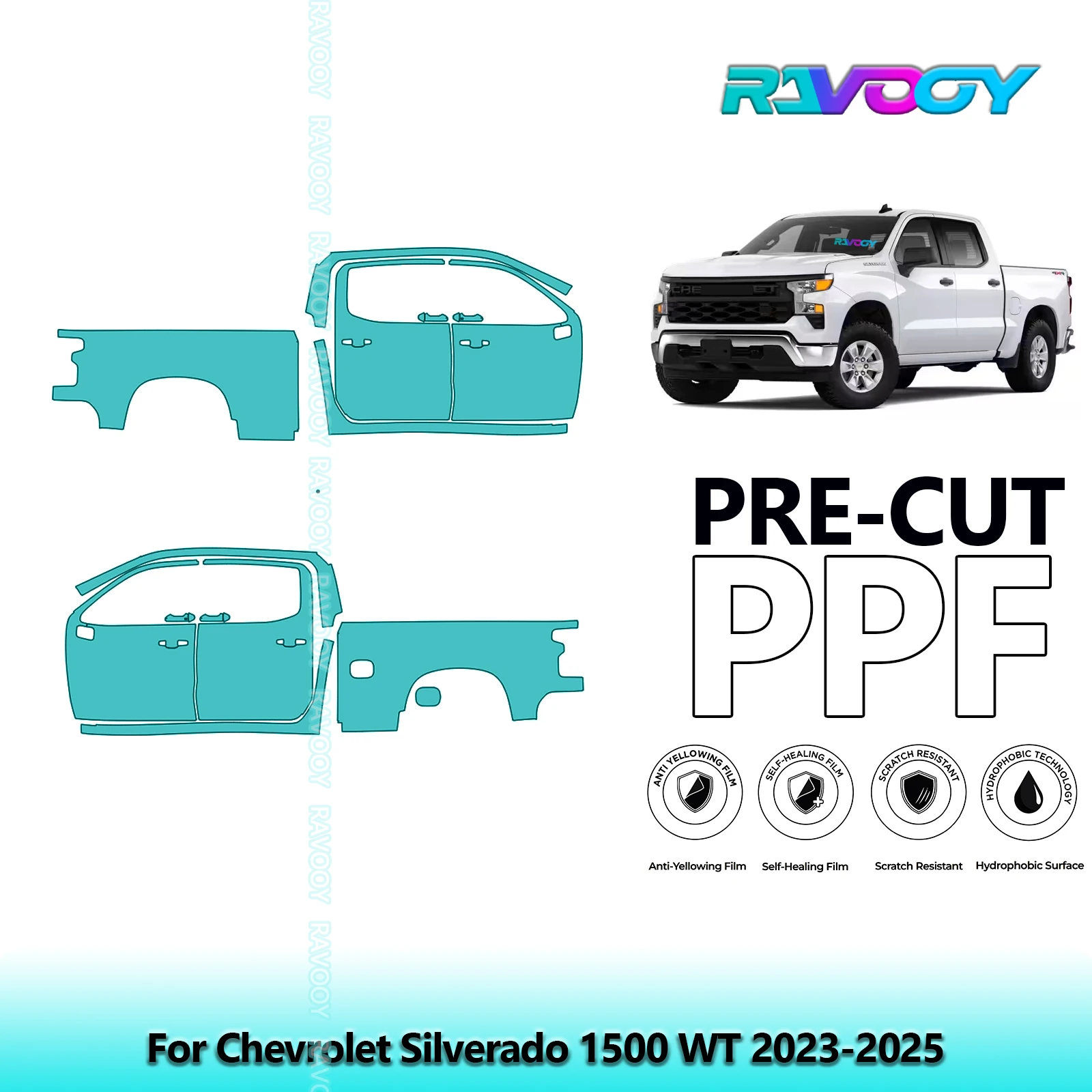 

For Chevrolet Silverado 1500 WT 2023-2025 8.5mil Clear Matte Pre-Cut PPF Door & A/B Pillar Kit TPU Paint Protection Film Set