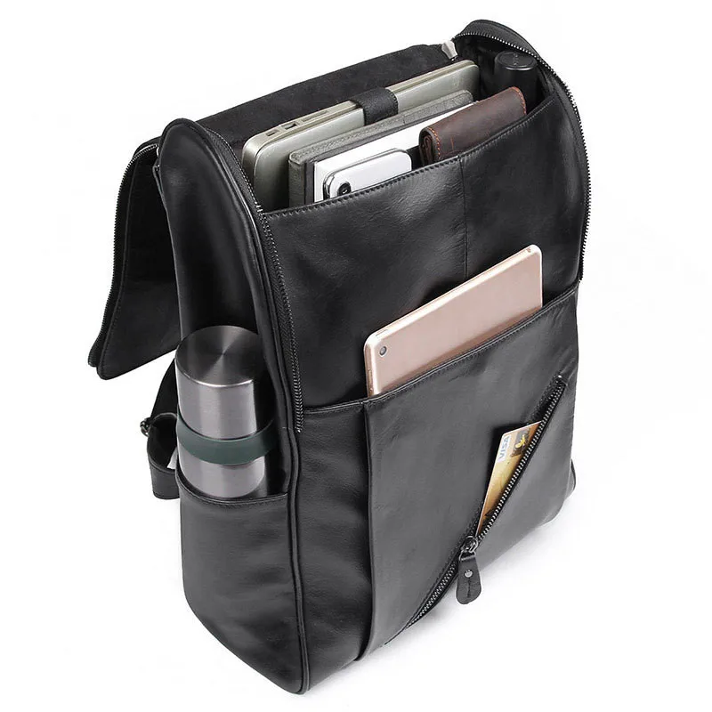 Novo couro genuíno dos homens mochila saco de computador escola estudante sacos ao ar livre mochilas viagem casual carregamento usb macio preto