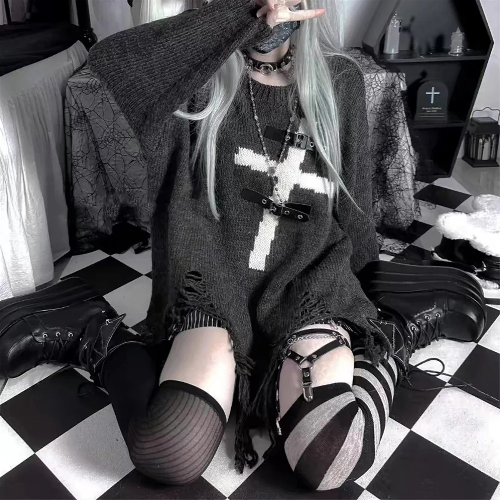 Subculture Punk Loose Lazy Rock Harajuku Sweaters 2000s Knitting Long Sleeve Gothic Cross Metal Buckle Pullovers Aesthetic Tops