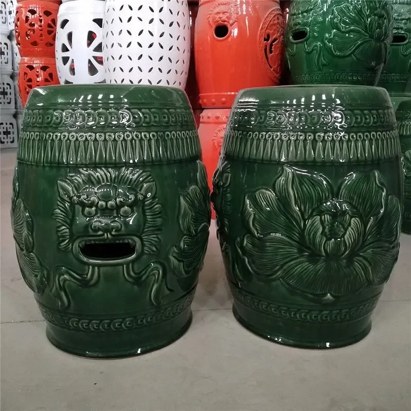 Antique  Period Ceramic Drum Stool Chair Dark Blue Green Lion Head Living Room Entrance Town House Bathroom Shoes round Stool