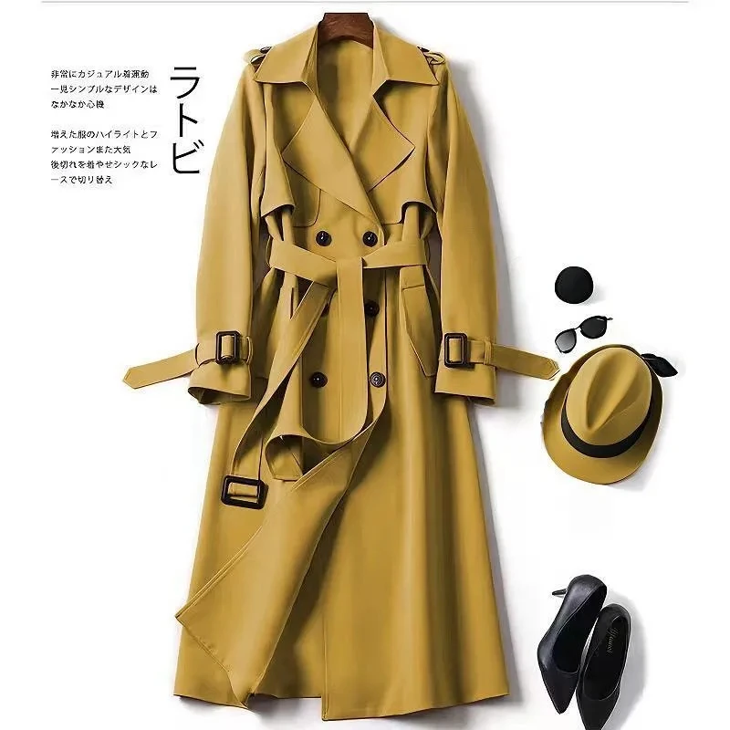 Women British Style Windbreaker Streetwear Double Breasted Long Trench Coats Elegant Autumn Winter Casual Medium Length Jackets
