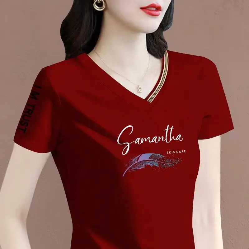 

Shirts for Women 2025 Summer New V-neck Cotton Short-sleeved Korean Loose Casual Top Women Clothes Vintage Clothes