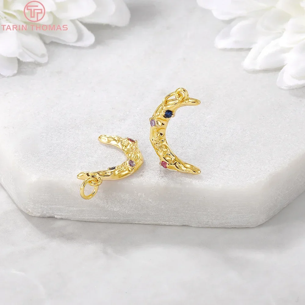 （148）4PCS 18x2MM Hole 2MM 24K Gold Color Plated Brass with Zircon Moon Charms Pendants High Quality Diy Jewelry Accessories