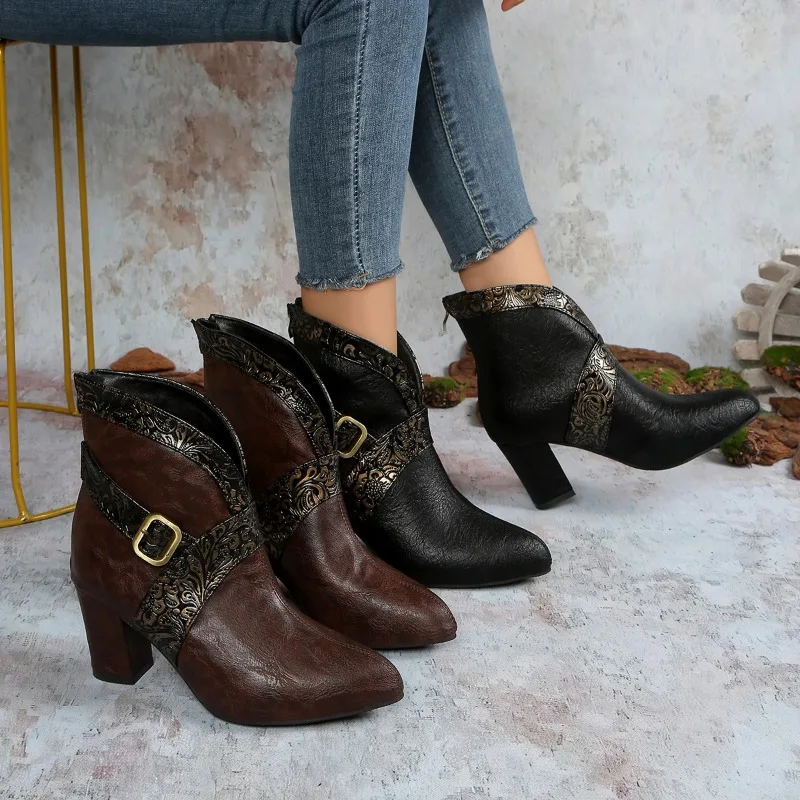 

2025 Women's Autumn Classic Solid Color Leather Chunky Heel Short Boots Everyday Versatile Lightweight Wear-resistant High Heels