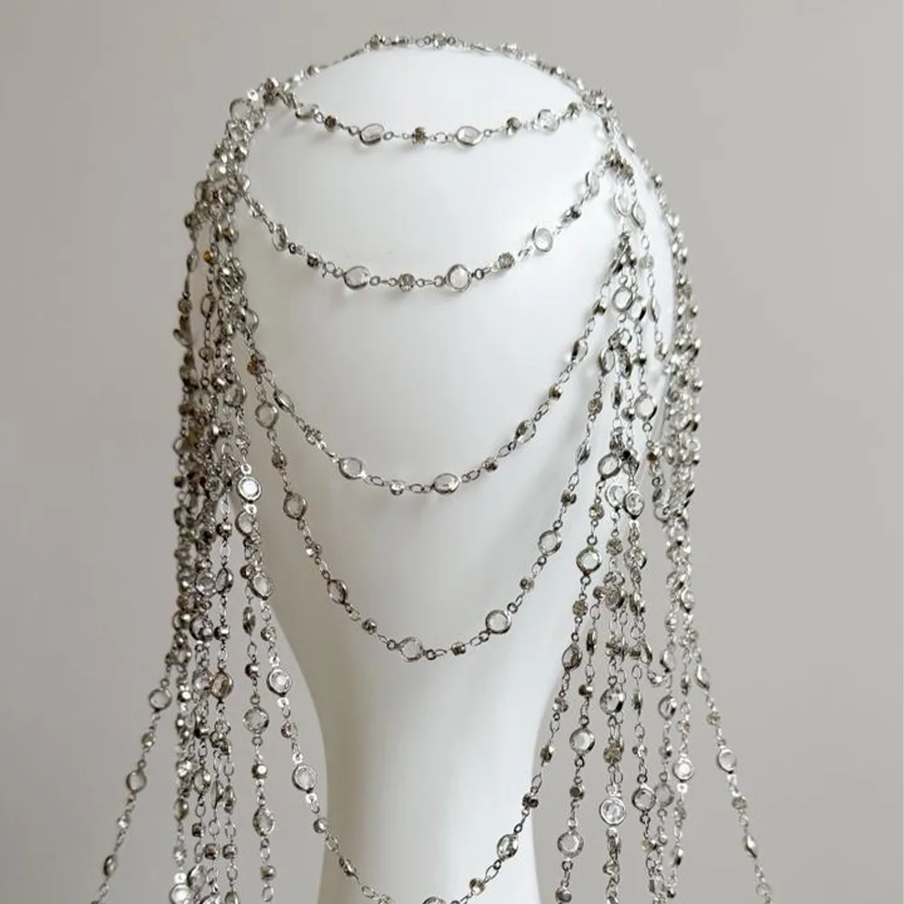 الرجعية حجر الراين شبكة خوذة الزفاف رئيس سلسلة مجوهرات للنساء الفاخرة كريستال عقال غطاء رأس قبعة إكسسوارات الشعر #3