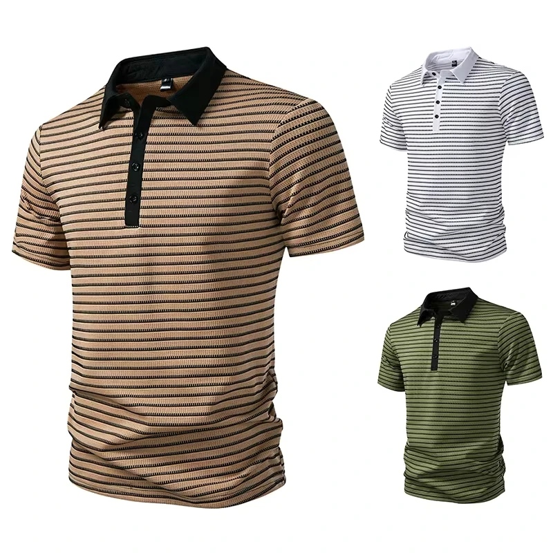 

Summer New American Retro Bottoming Shirt New Men's Color Matching Striped Lapel Short-sleeved T-shirt