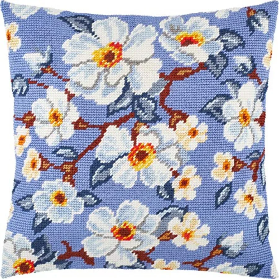 

Floral Stamped Cross-Stitch Kit for Adults and Beginners — 16″ × 16″ with Clear Precise Printed Design on Cotton Canvas; Includ
