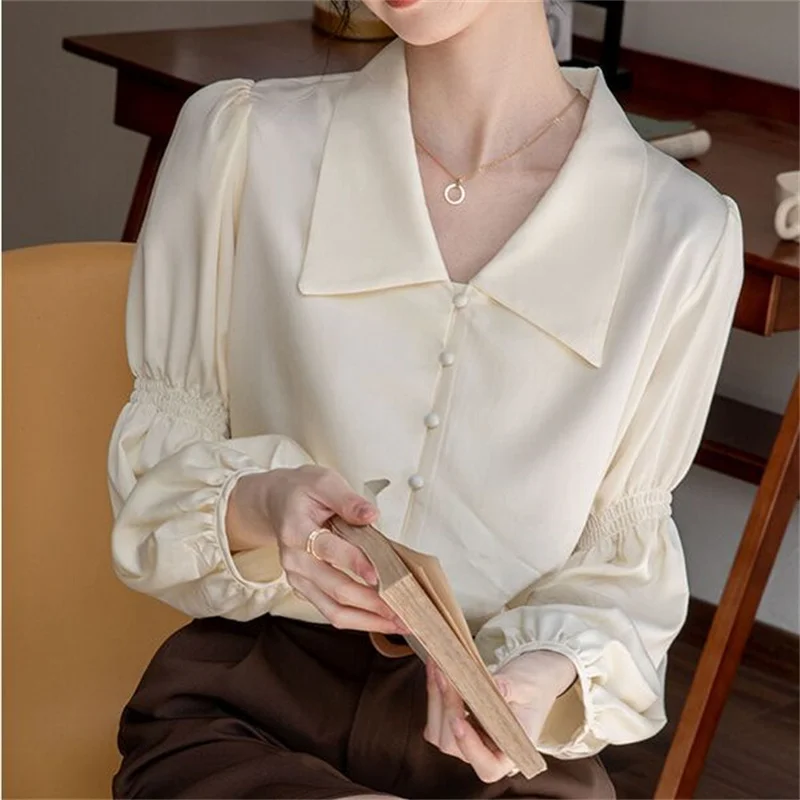 

Women Blouse Shirt Silk Vintage Long Sleeve Beige Satin Shirt Summer Spring Autumn Shirt Casual Loose Office Ladies Tops New