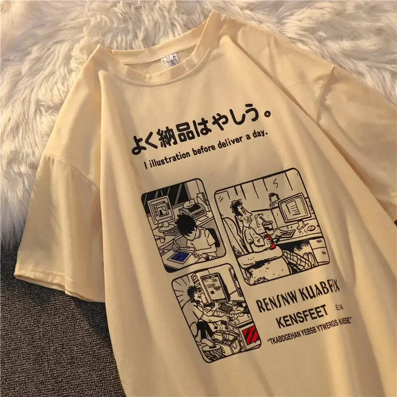 Camiseta de verano estilo Harajuku japonés de manga corta para mujer, estampado retro, informal, de gran tamaño, con cuello redondo