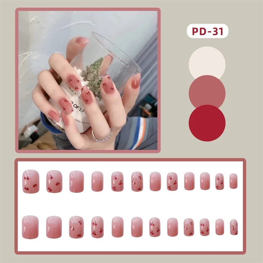 

24Ps/Set Removable Jelly Colour Cherry Press on Nail Full Cover Adhesive Short Design Wearing False Nails Acrylic Fake Nail Tips