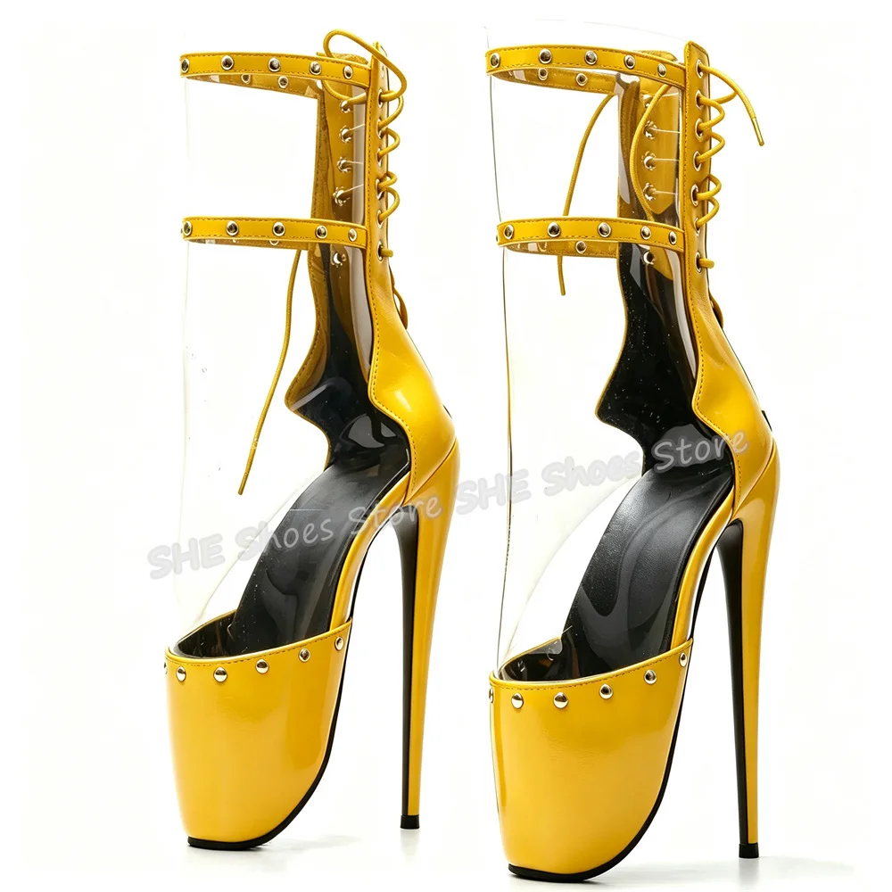 Women Transparent Pvc Platchwork Ankle Boots Super High Stiletto Heel Platform Rivet Lace Up Boots Pole Dance Party Dress Shoes