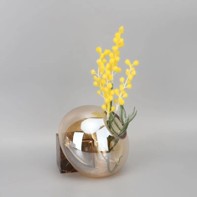1Pcs Transparent Brown Glass Vase Creative Marble Base Flowerpot Desktop Decoration Flower Vase Home Decoration