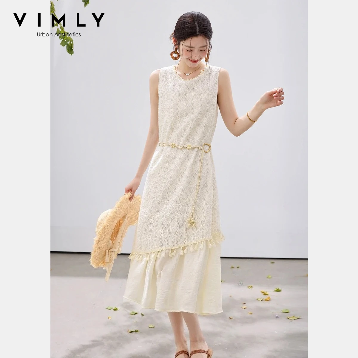 

VIMLY Women's Boho Faux Layered Dress 2026 Summer New Elegant Tassel Patch with Detachable Belt Cut Out Sleeveless Dress 30717