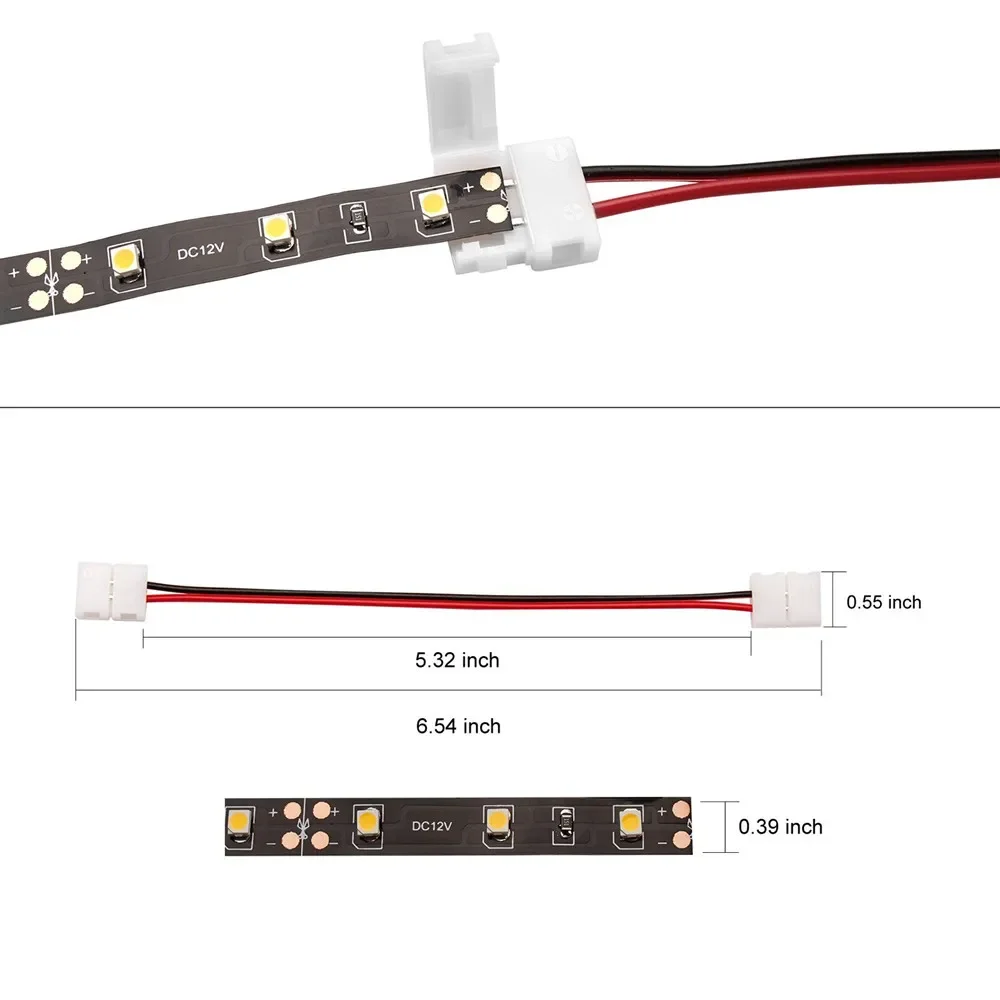 

Lot of 100 LED Strip Light Connector Adapters for Single Color SMD 10mm 5050 8mm 3528 LED Strip Lights, No Soldering Required