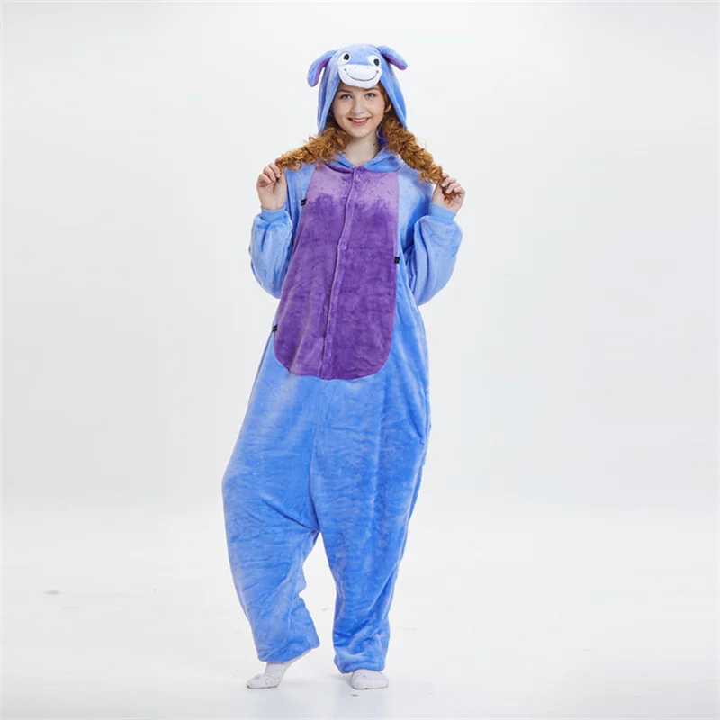 Adult Men Women Kigurumi Cartoon Donkey Animal One-piece Sleepwear Hooded Homewear Jumpsuit Ankle-length Loungewear Couple