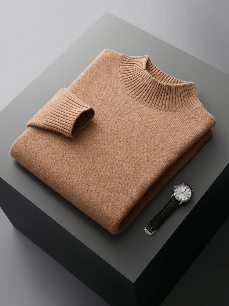 Autumn Winter Men Cashmere Sweater Mock Neck Long Sleeve Pullover Thick Basic Soft Warm Clothing 100% Merino Wool Knitwear Tops