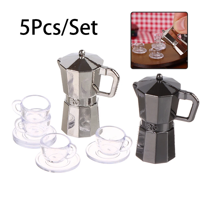 1 conjunto 1:12 casa de bonecas em miniatura bule café chaleira metal moka pote com bandeja copo cozinha casa modelo decoração brinquedo casa boneca acessórios