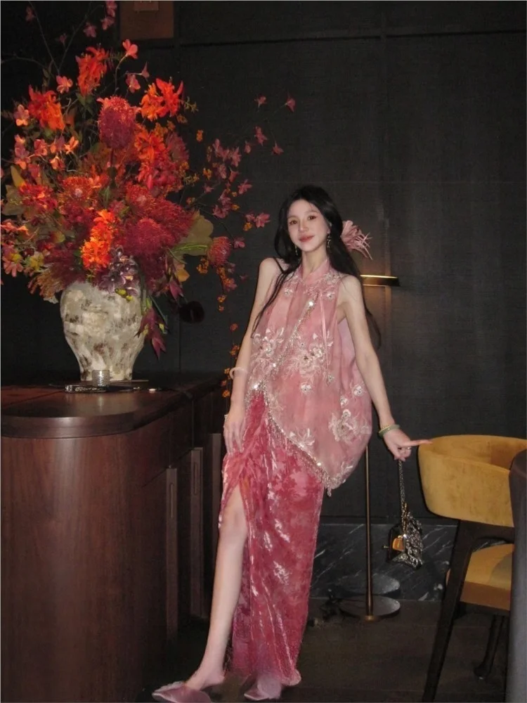 New Chinese-style sequined tie-dyed sleeveless waistcoat velvet floral skirt
