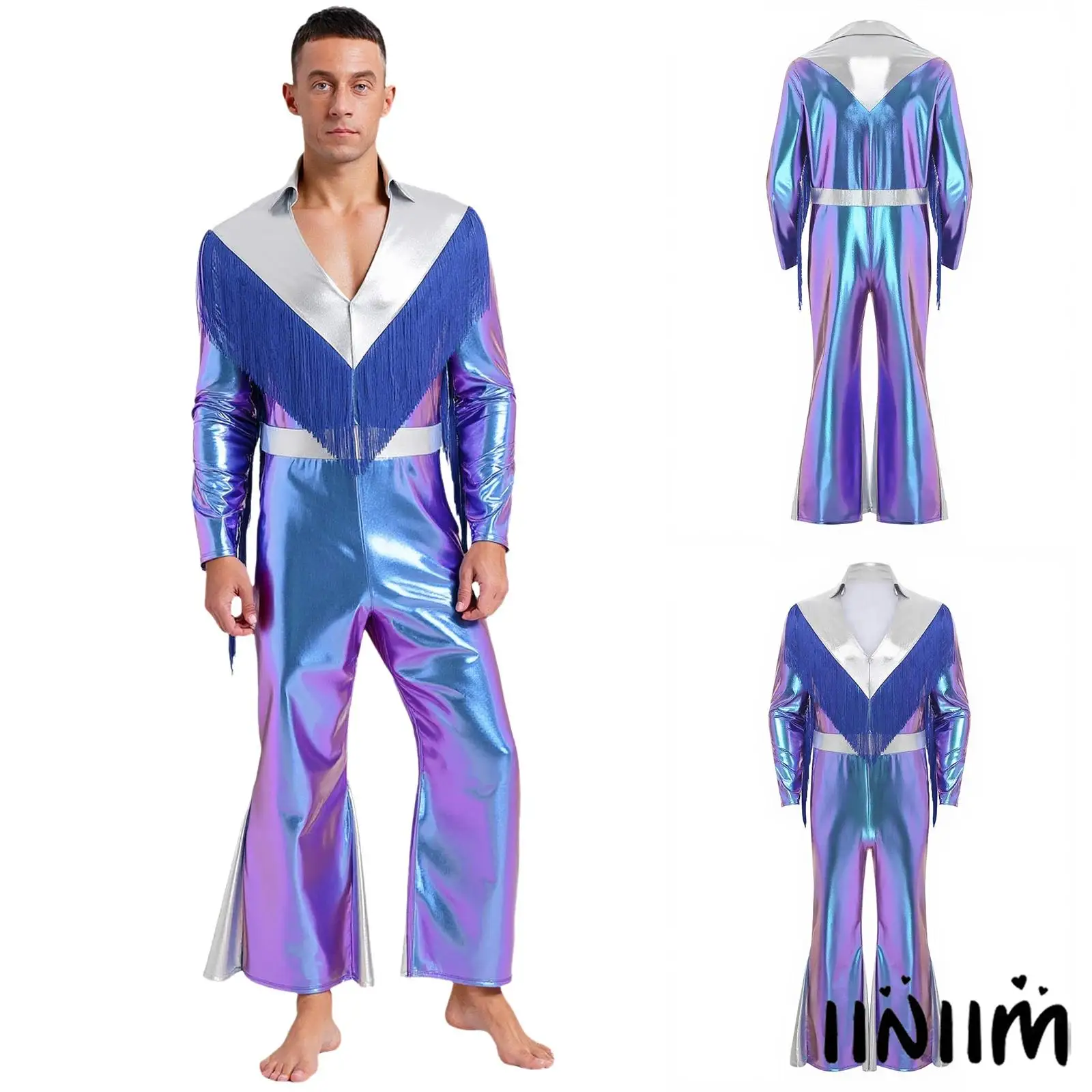 

Shimmering Disco Era Romper for Men Color Block Pattern with Flared Sleeves and Wide Legs for Halloween Cosplay and Role Playing