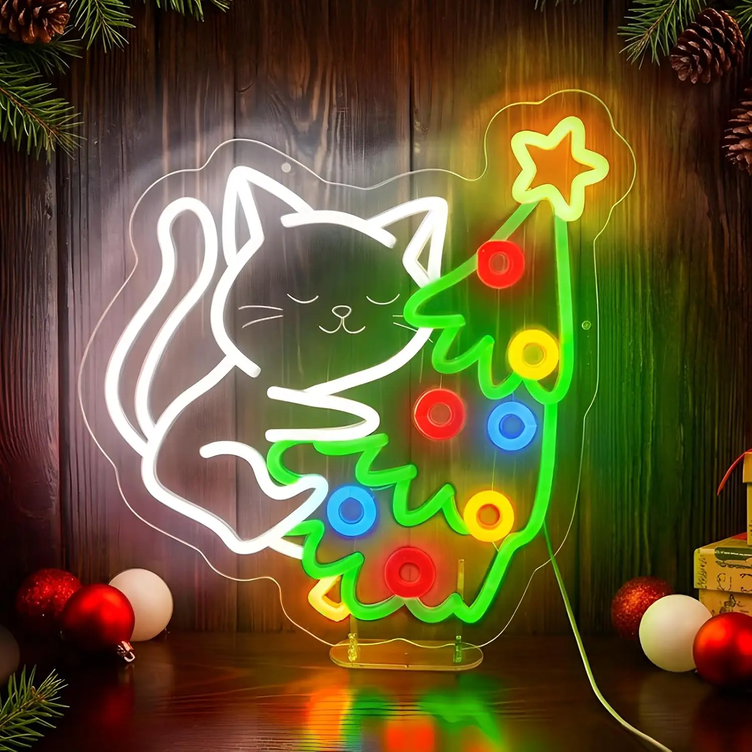 Cute Cat Hugging Christmas Tree LED Neon Sign USB Neon Light Xmas Party Bar Gaming Room Bedroom Home Wall Art Decor Gift