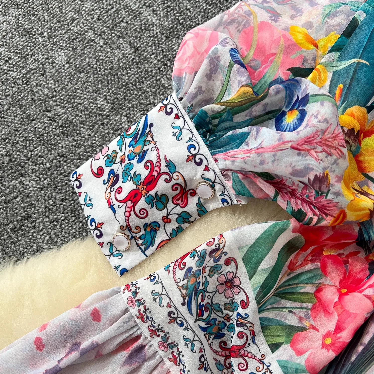 2025 Spring Summer Gorgeous Floral Print Chiffon Boho Dress Women V Neck Single Breasted Lace Up Belt Long Party Robe Clothing