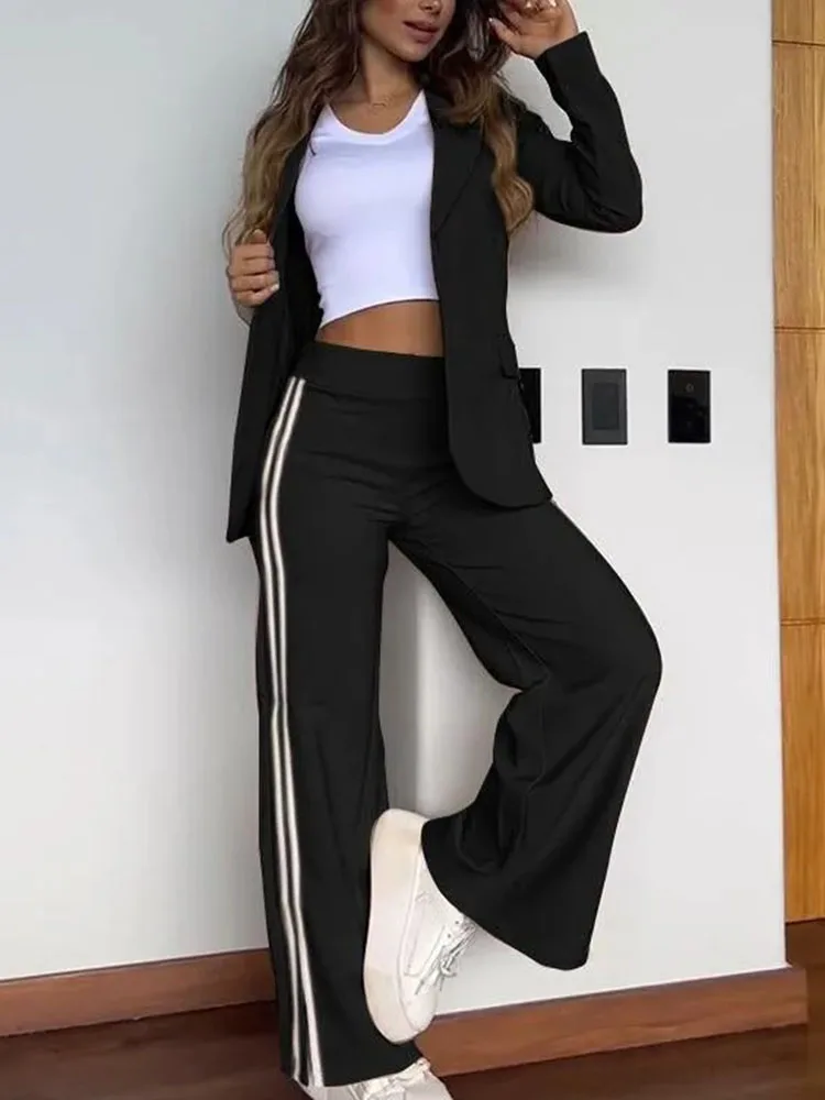 Women\'s Two-piece Set Fall Winter Casual Pantsuit Fashion Splicing Stripes Slit Wide Leg Trousers Female Suit Sports Clothing