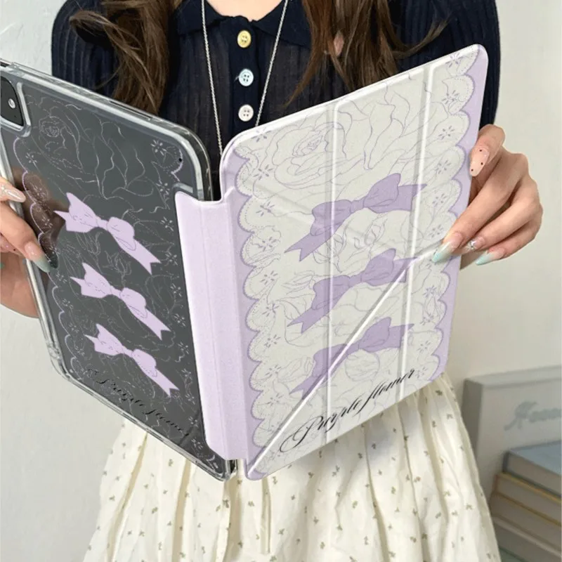 Funda coreana elegante de encaje con lazo morado para tableta Samsung Tab S7/S8/S9/S10/S11 de 11 pulgadas, Tad S7+/S8+/S9+/S10+ de 12,4/13,1 pulgadas, funda para niñas