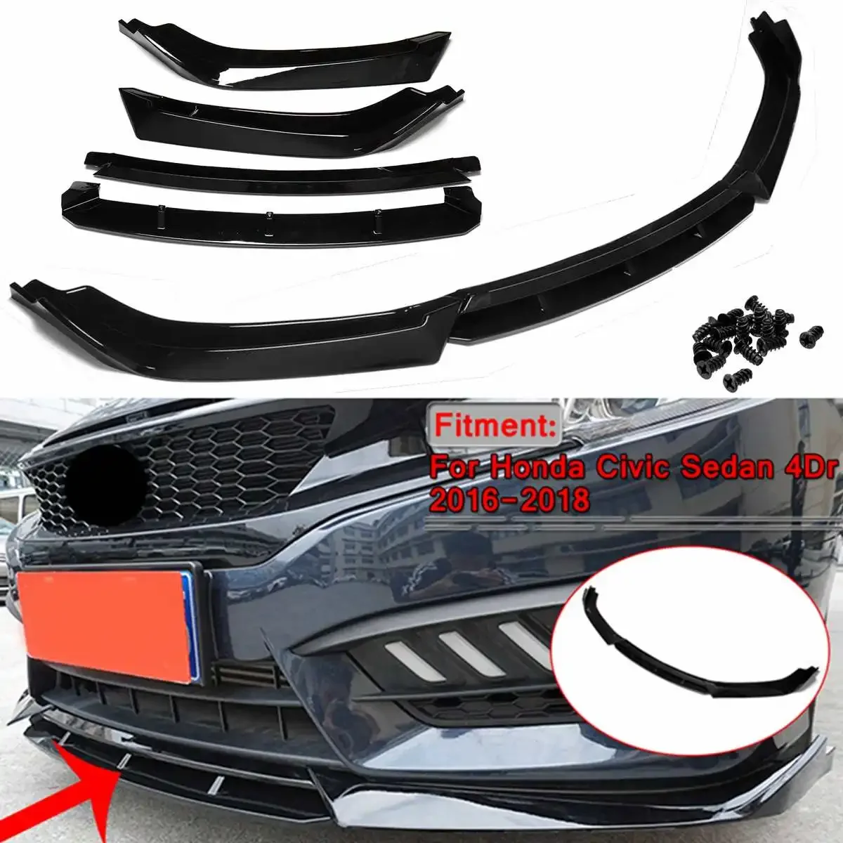 

Car Front Bumper Splitter Diffuser Lip Protector Spoiler Deflector Lips For Honda For Civic Sedan 4Dr 2016 2017 2018 Body Kit