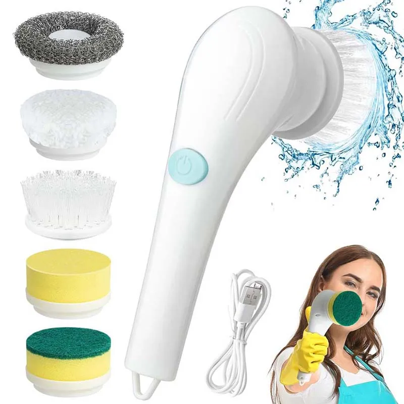 Multi-Function Kitchen Handheld Electric Cleaning Brush With 5 Replaceable Heads Electric Spin Scrubber For Household Cleaning