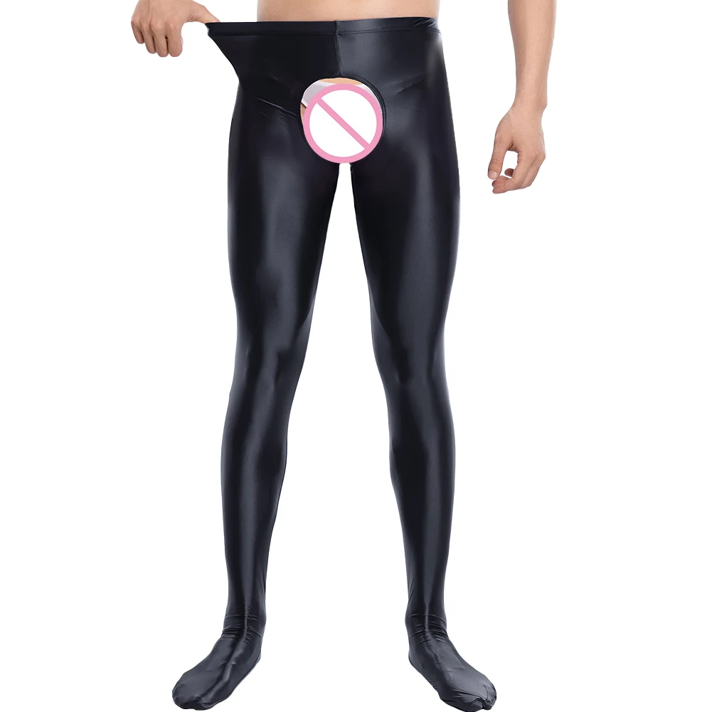 

Mens Crotchless Pantyhose Leggings Stockings Oil Shiny Glossy Bodysuit Nightwear Club Transparent Elastic Bottom Pants Bodyhose