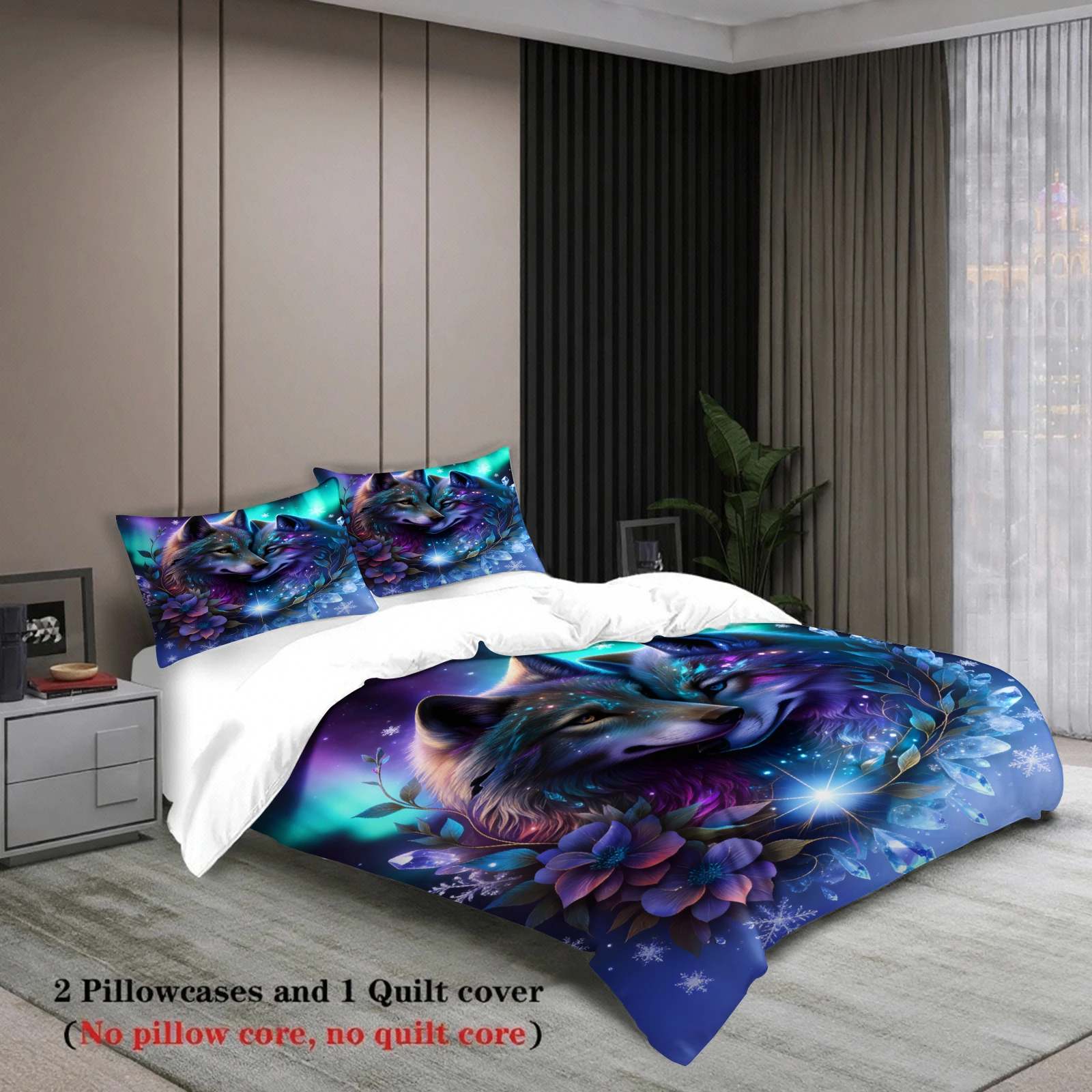 Wolf Couple Bedding Set Blue Purple Aurora Floral Print Bedding Set With Duvet Cover & Pillowcases For Bedroom Decor