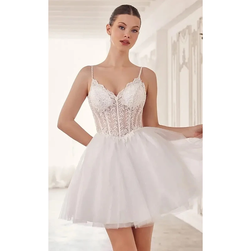 

Stylish Short Homecoming Dress for Party Ceremony Spaghetti strap Lace Corset Prom Dresses A-line Tulle Bridal Mini Dress