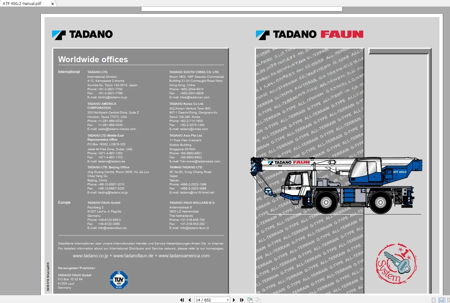 

SpecDiag Tadano Crane ATF 5.62 GB Operating, Service Maintenance Manual DVD