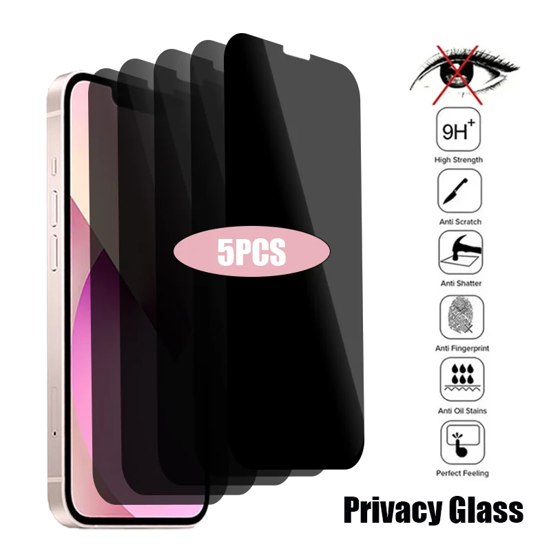 Pelindung layar Privasi, 5 buah pelindung layar Privasi untuk iPhone 14 Pro Max 14 Plus Anti-Spy Glass untuk iPhone 13 15 12 11 Pro Max 13 Tempered Glass Mini