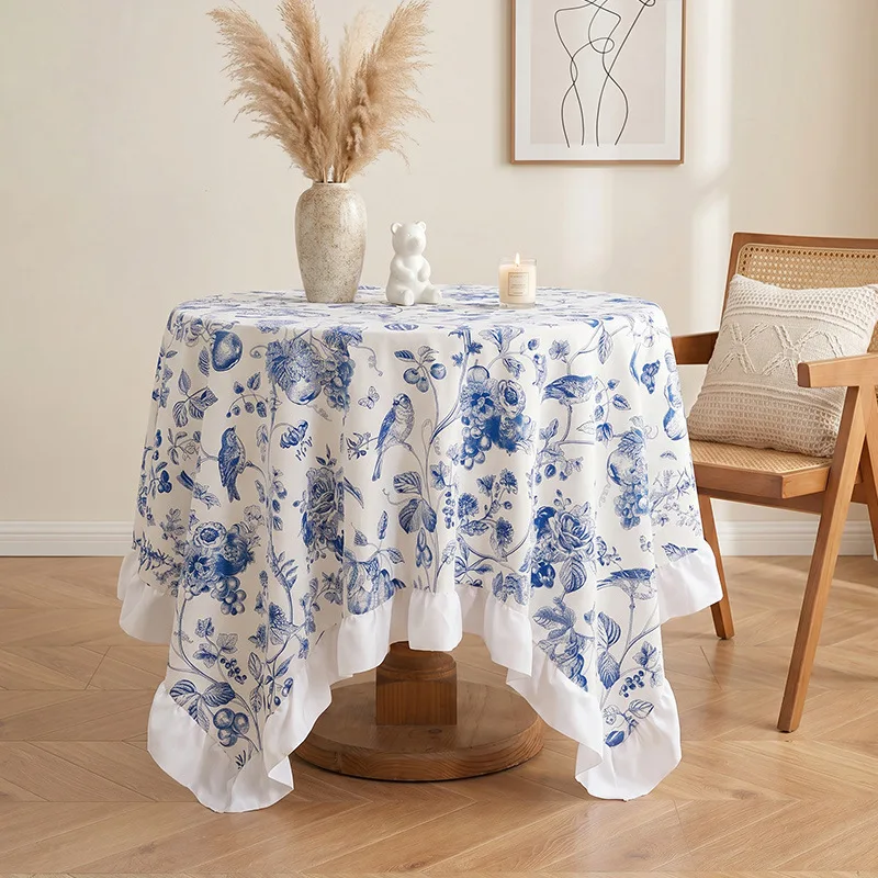 2026 New American Blue Floral Print Tablecloth Decoration Rectangular Dining Table Cover Beautification Dustproof Cloths
