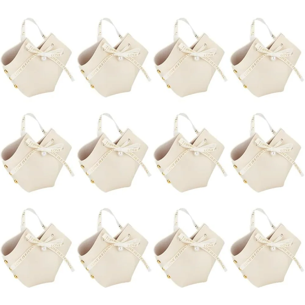 12 Pack Leather Bowknot Gift Boxes with Ribbon 2.7x2.1x5.1 inch Beige Heart Shape PU Leather Mini Handbag Candy Gift Box