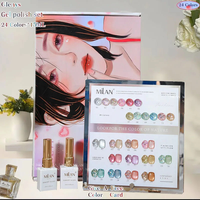 Glenys-pegamento para esmalte de uñas, 24 colores, gel de inmersión semipermanente, tarjeta a juego de colores, UV LED, kit de aprendizaje de barniz para decoración de uñas, venta al por mayor