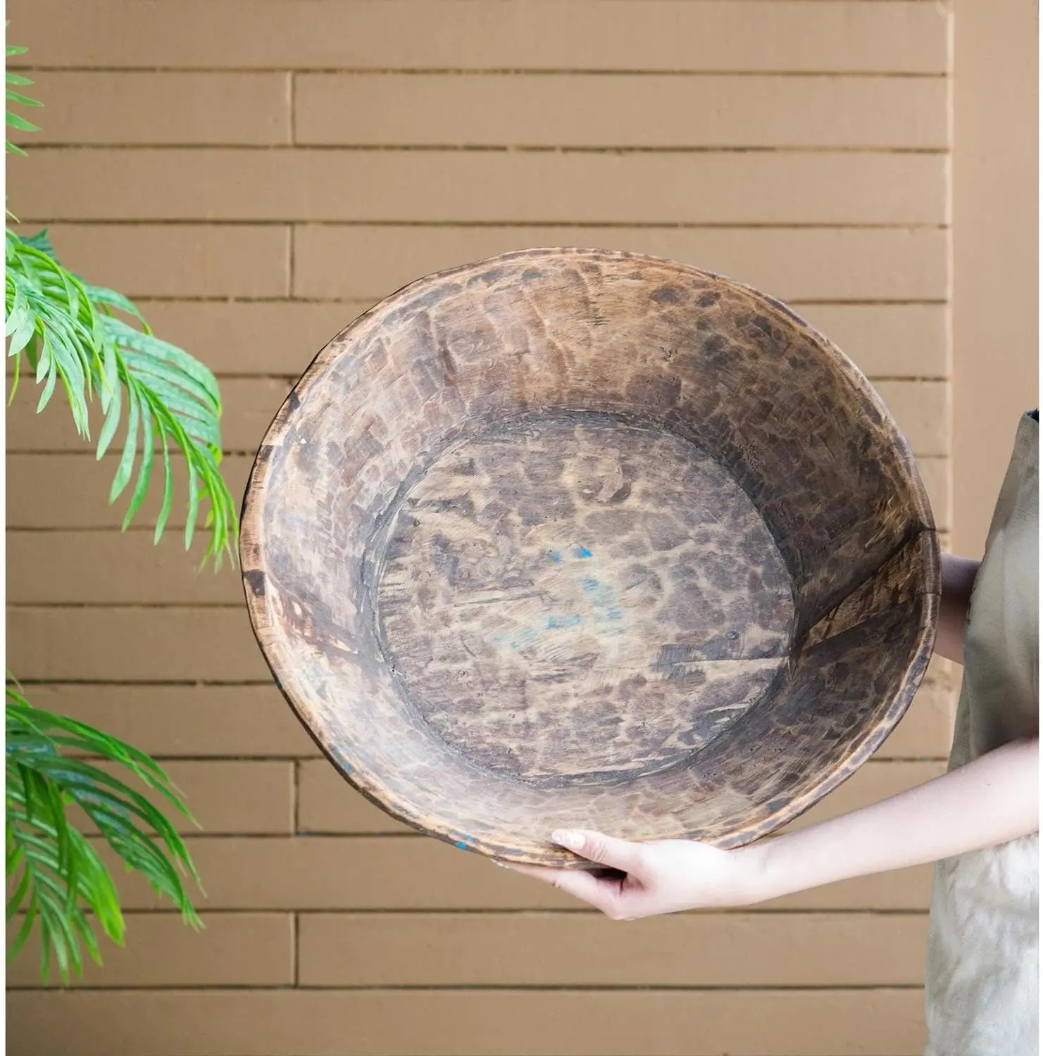 

Handcarved Large Wooden Decorative Bowl Bohemian Home Decor Accent Bowl Fruit Bowl for Tabletop Countertop Kitchen Isla